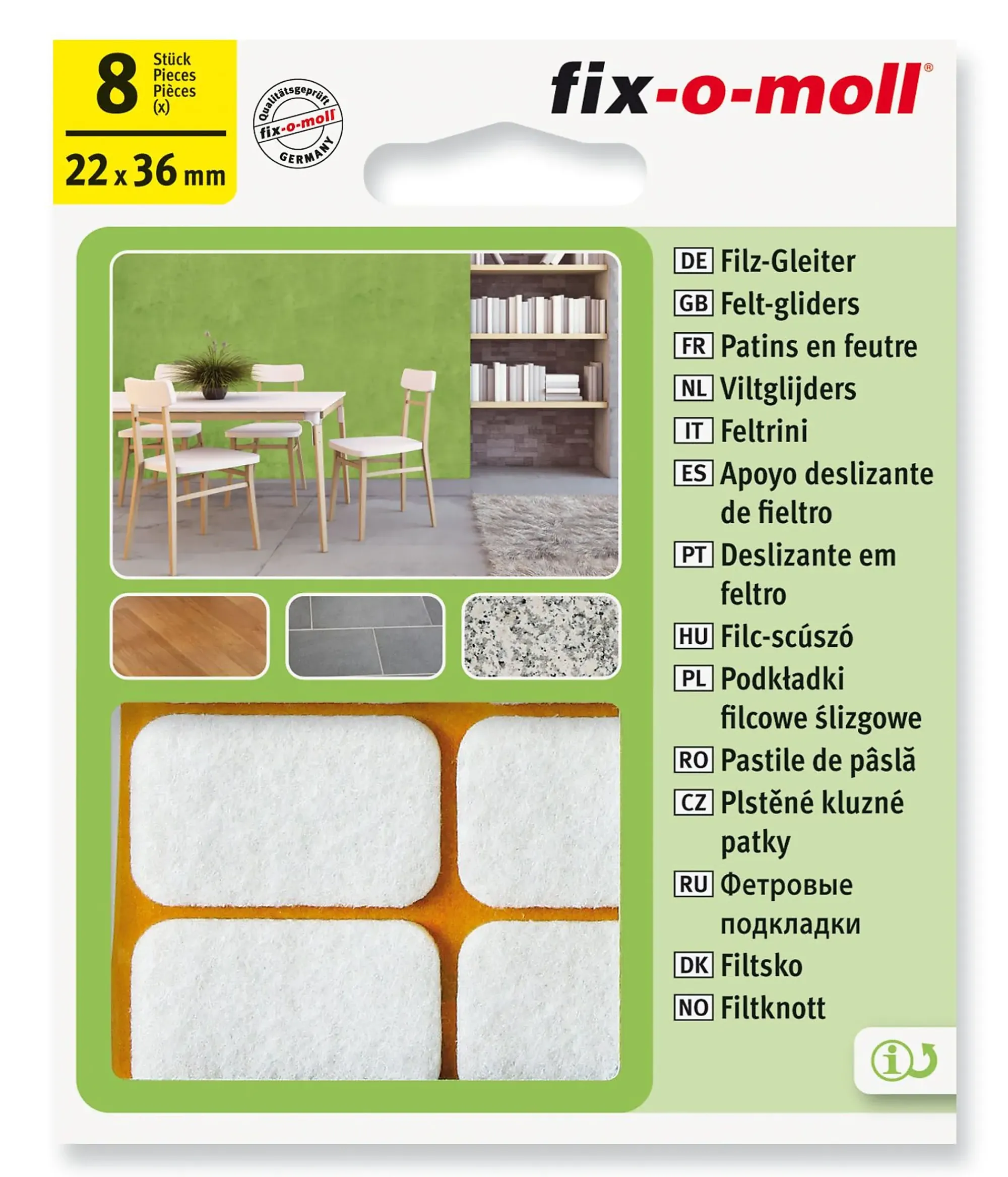 Filt til stol&bord 22x36mm hvit 8stk-Fix O Moll New