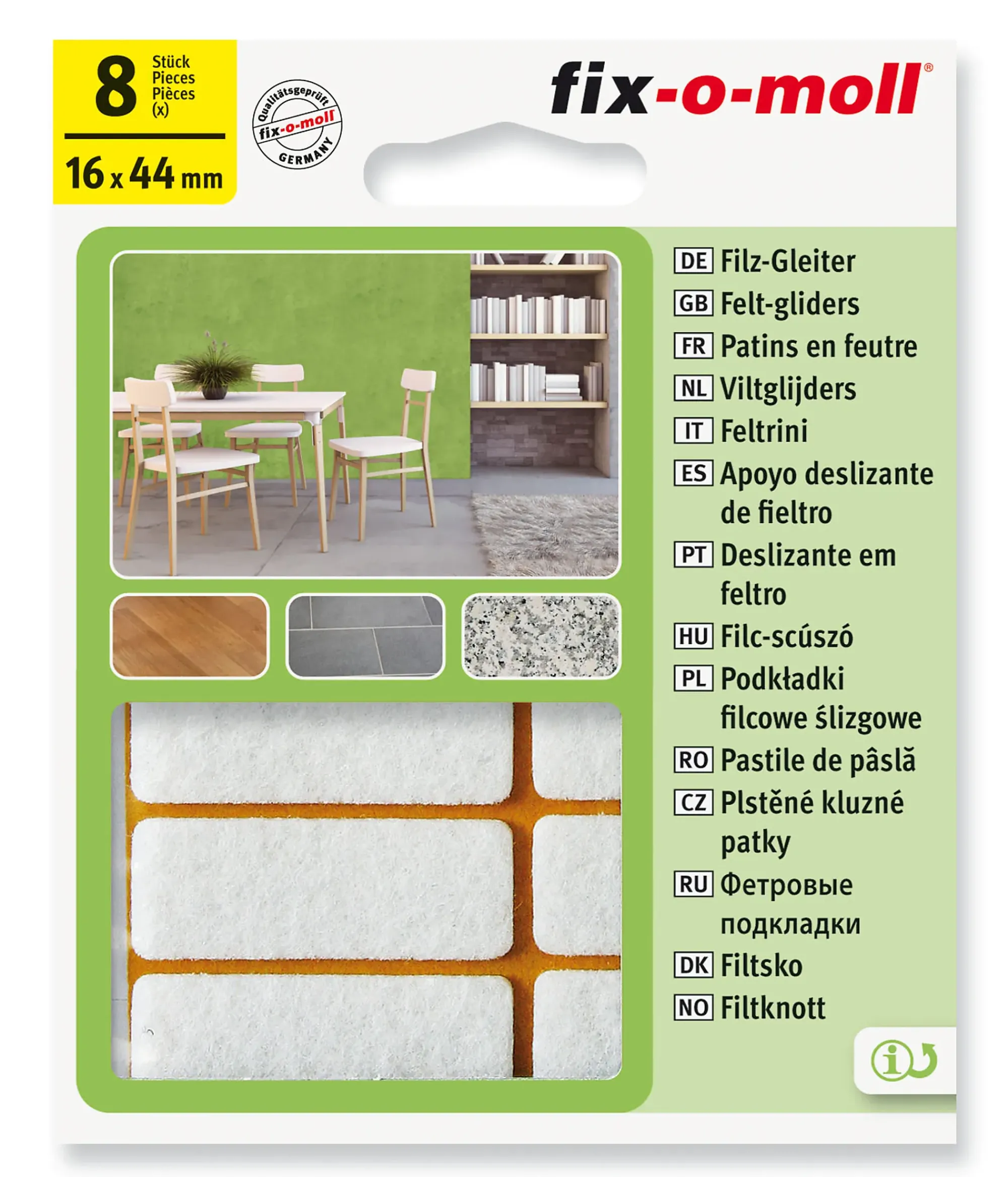 Filt til stol&bord 16x44mm hvit 8stk-Fix O Moll