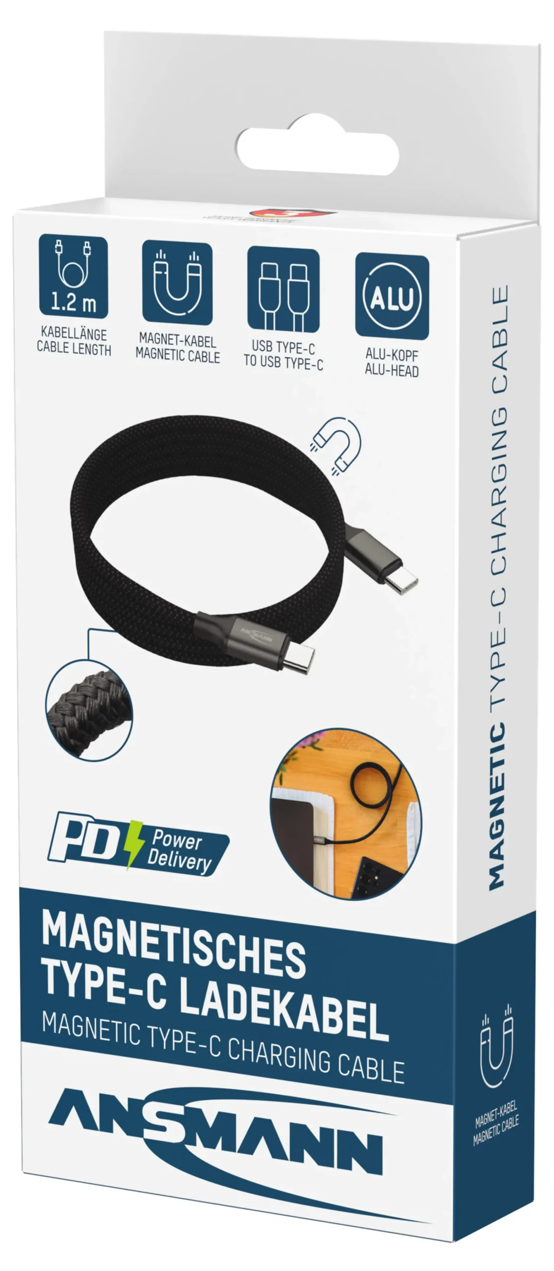 Ladekabel usb c-til-c. magnetisk opprulling 3 års garanti-Ansmann Hot