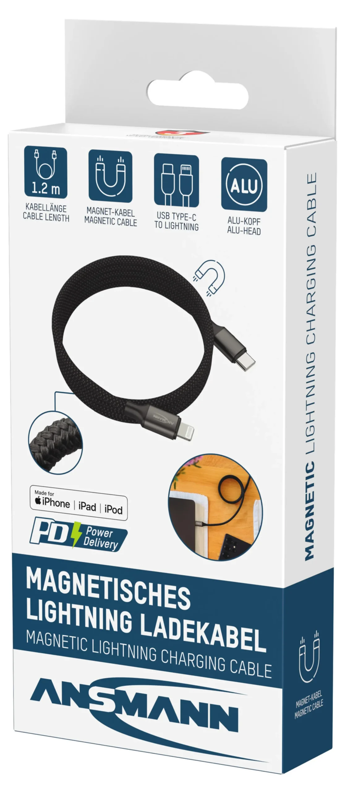 Ladekabel USB-C til Lightning med magnetisk opprulling 120cm-Ansmann Best
