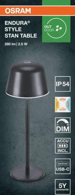 Led Bordlampe Utendørs Mørk Grå Oppladbar Usb-Osram Clearance