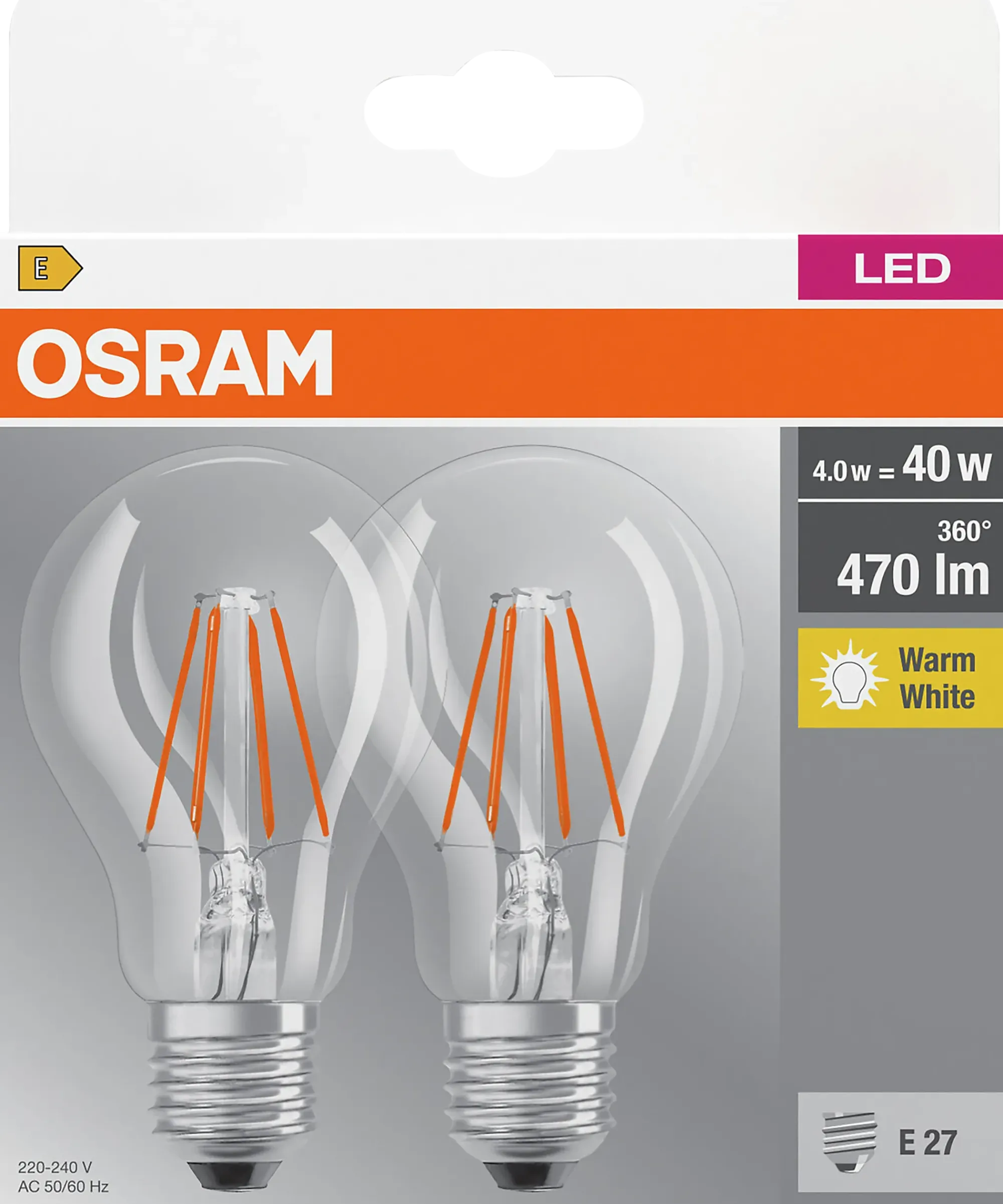 LED Classic A 40 klar E27 2700K 2stk-Osram Best