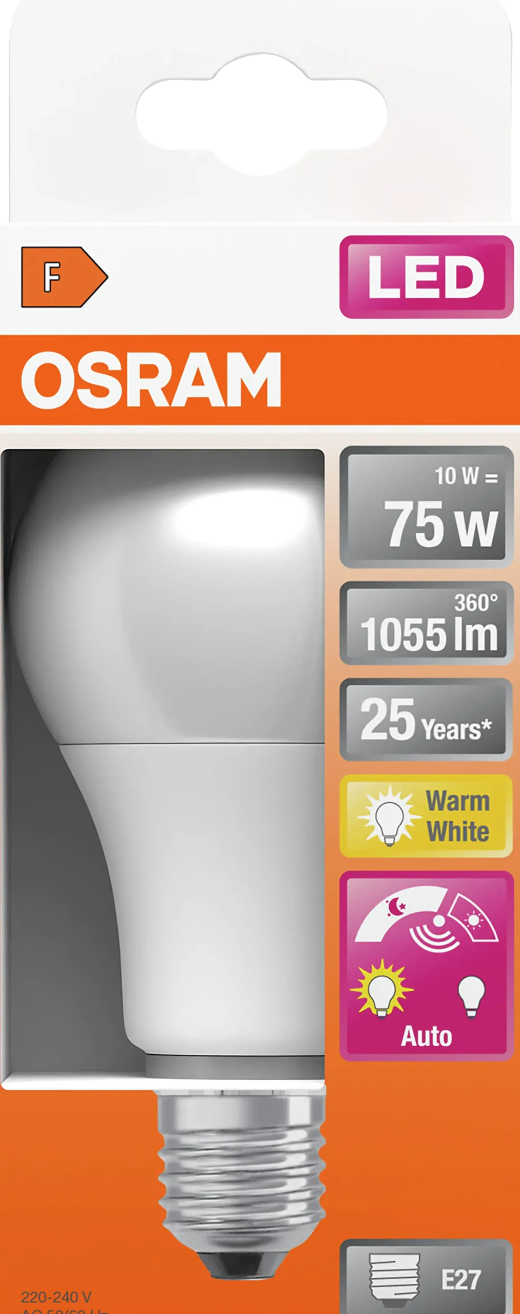 LED Classic A 75 10W 2700K daylight sensor E27-Osram Clearance