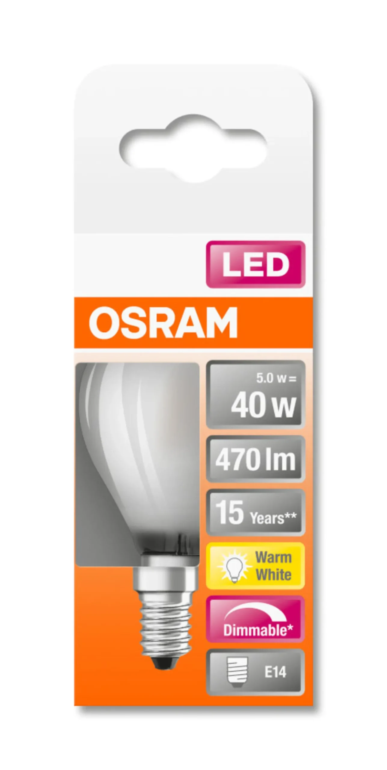 LED Classic P 40 5W 2700K dim E14-Osram Clearance
