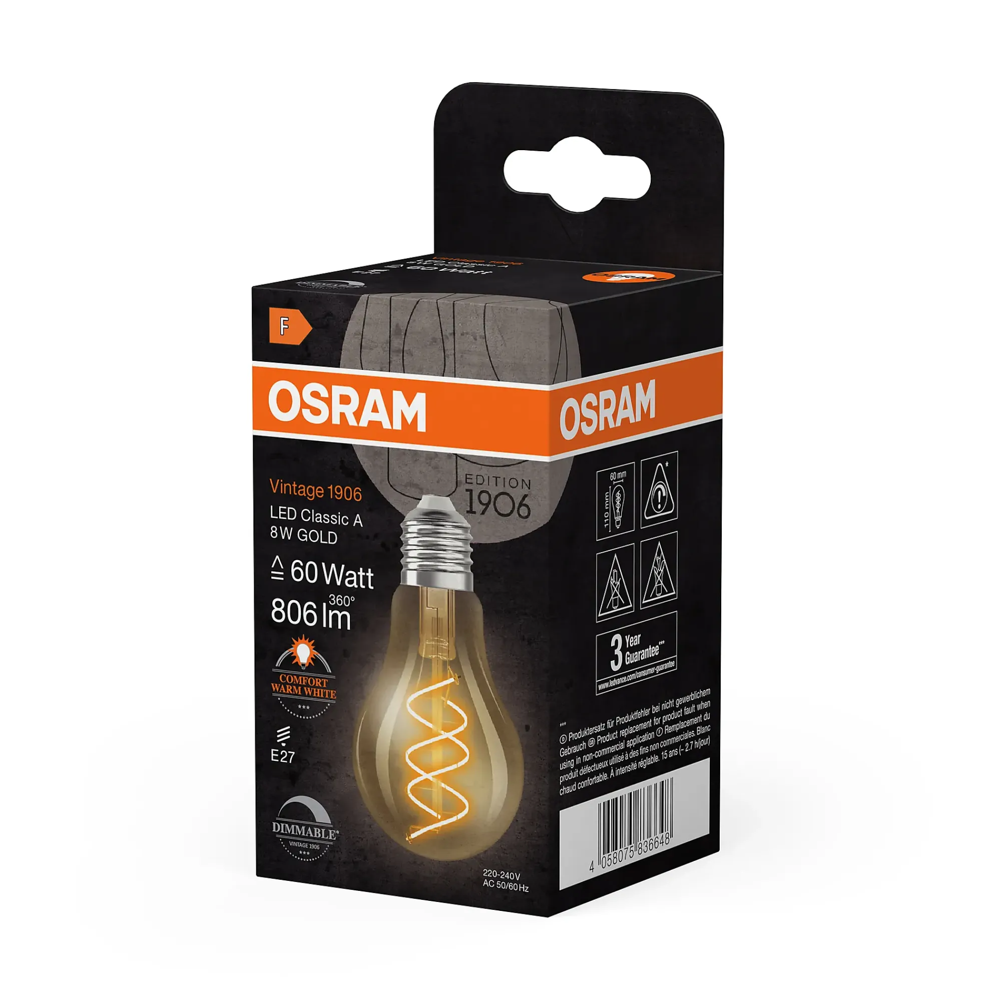Led Dekorasjonspære E27 A60 806lm Gold Dimbar Varmere Lys-Osram New