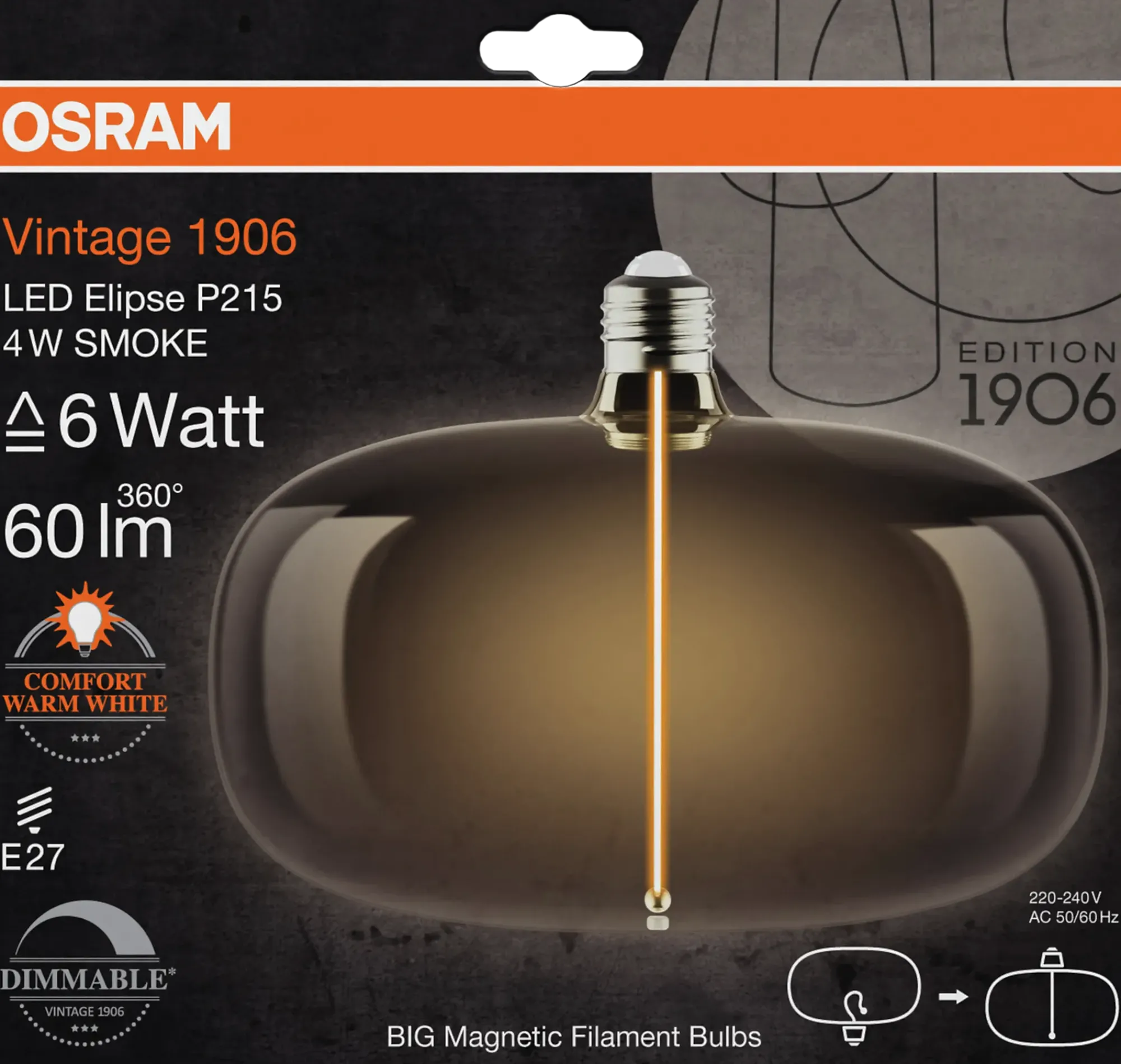 Led Dekorasjonspære E27 O215 60lm Smoke Dimbar Ekstra Varm-Osram New