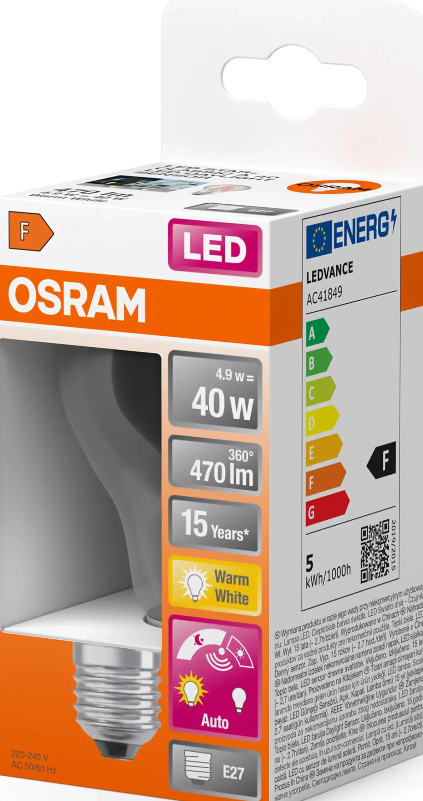 LED lyspære Classic A40 4,9W 2700K daylight sensor E27-Osram Best