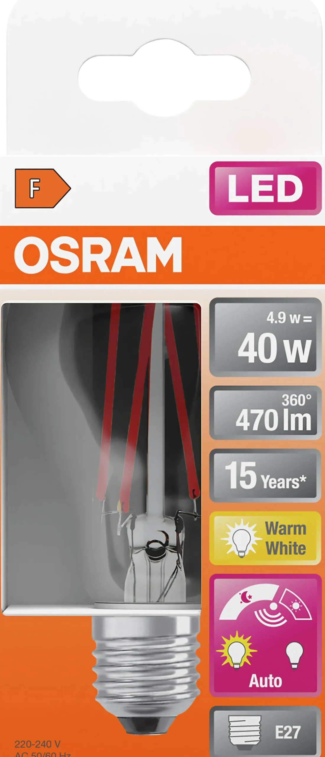 LED lyspære Classic A40 4,9W 2700K daylight sensor E27-Osram Best