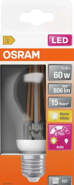 Led Lyspære E27 A60 806lm klar Bevegelse Sensor Varmhvit-Osram New