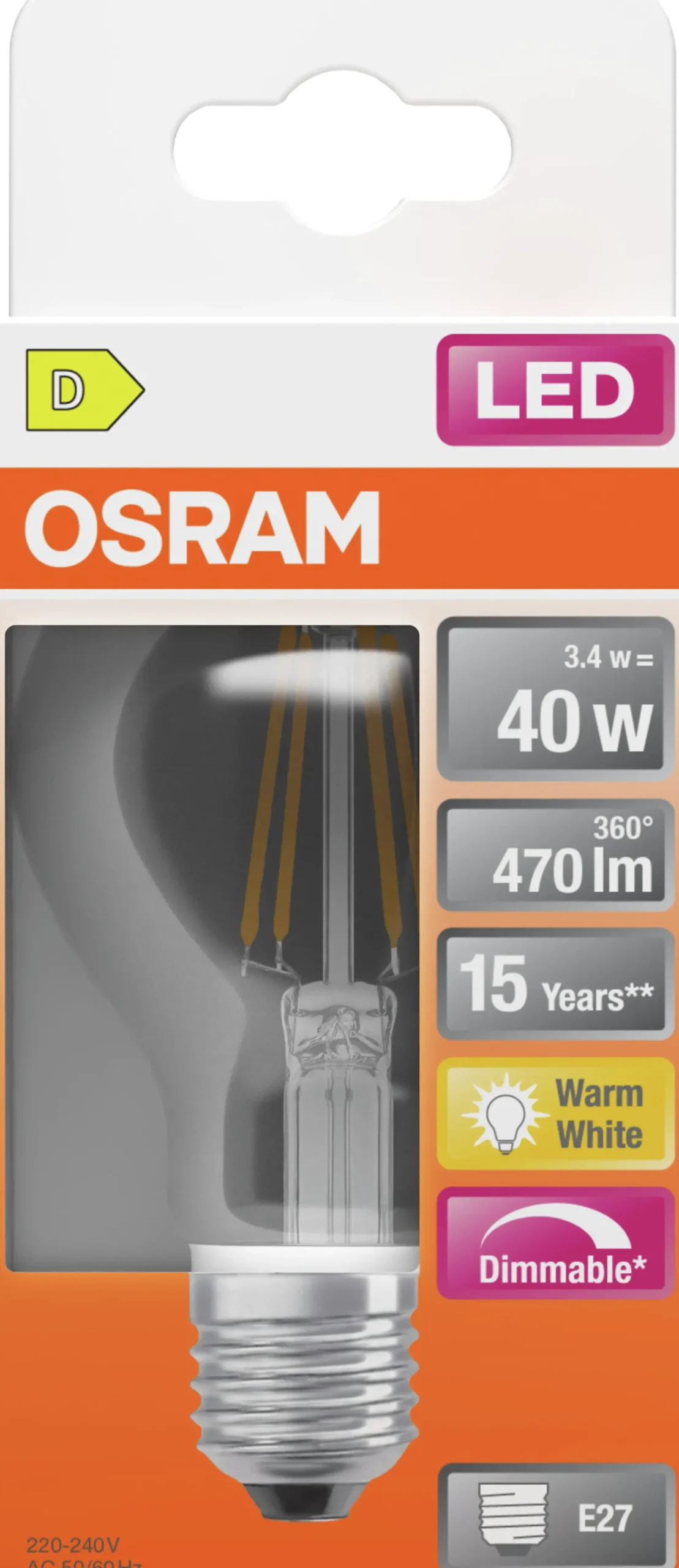 Led Lyspære E27 Classic A40 470lm klar Dimbar-Osram New