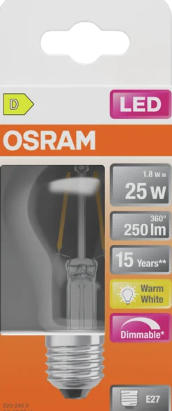 Led Lyspære E27 Classic A25 250lm klar Dimbar-Osram Best