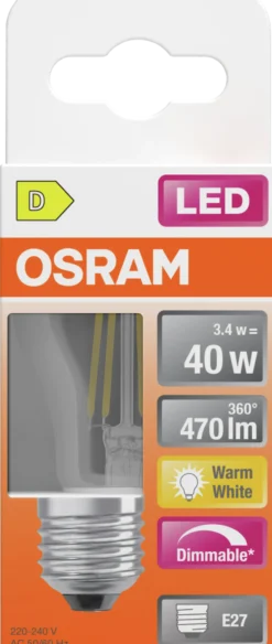 Led Lyspære E27 Classic P40 470lm klar Dimbar-Osram New