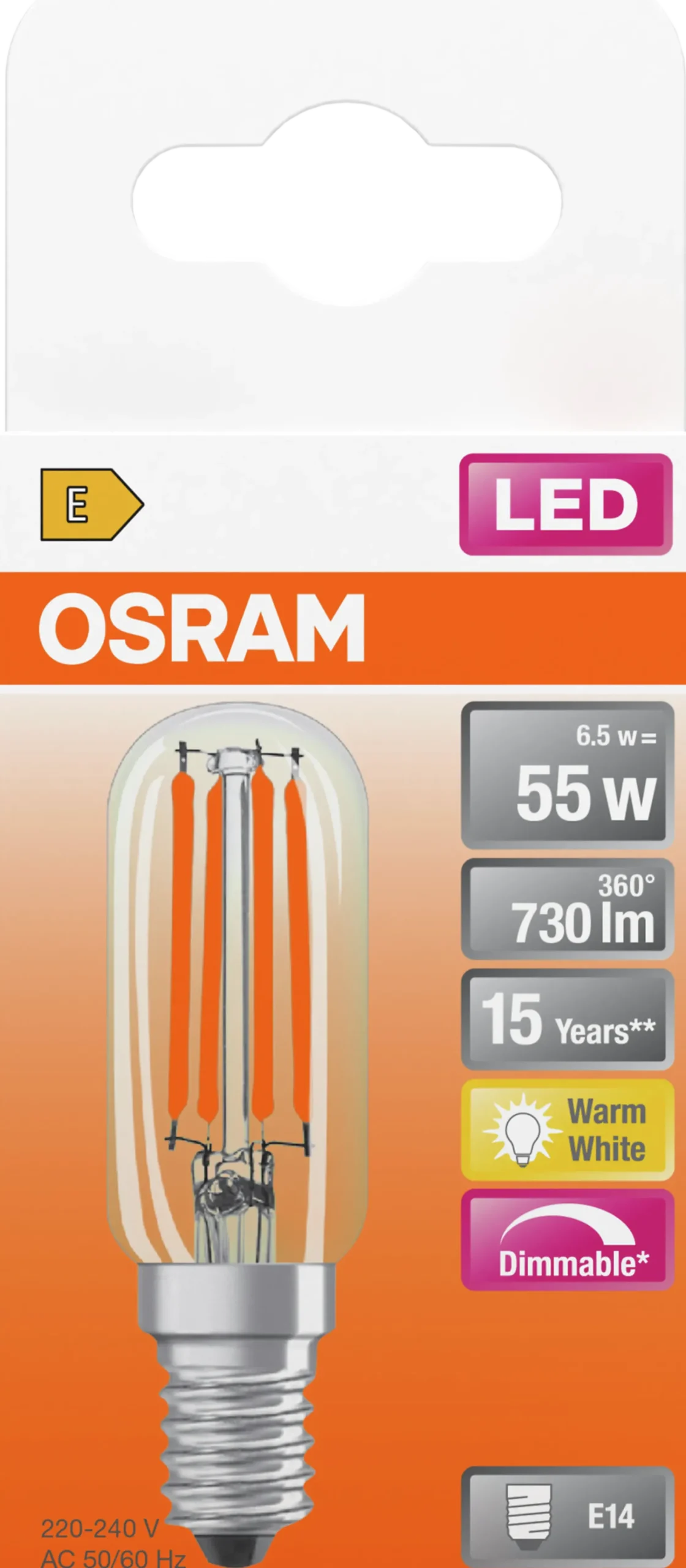 Led Lyspære E14 T26 55 730lm klar Dimbar-Osram
