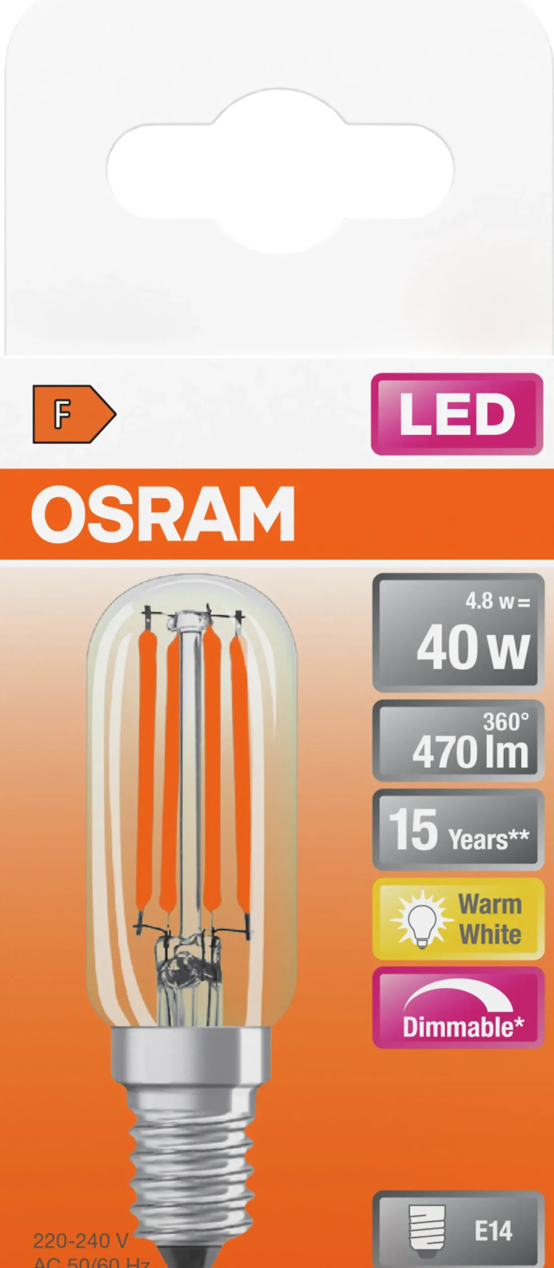 Led Lyspære E14 T26 40 470lm klar Dimbar-Osram Clearance