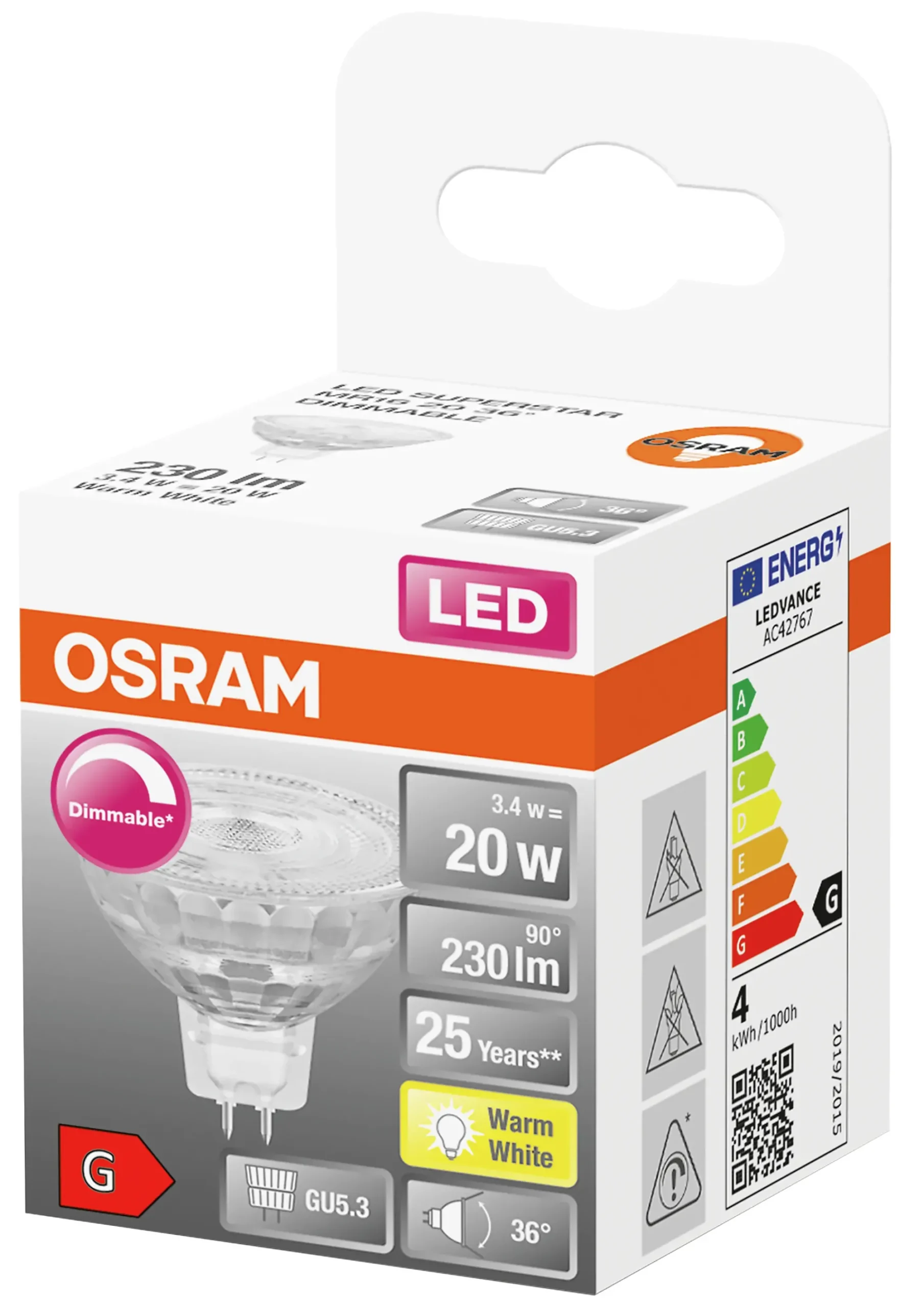 LED lyspære MR16 20 gu5,3 dim 3,4W 2700K 36° 12V-Osram Best