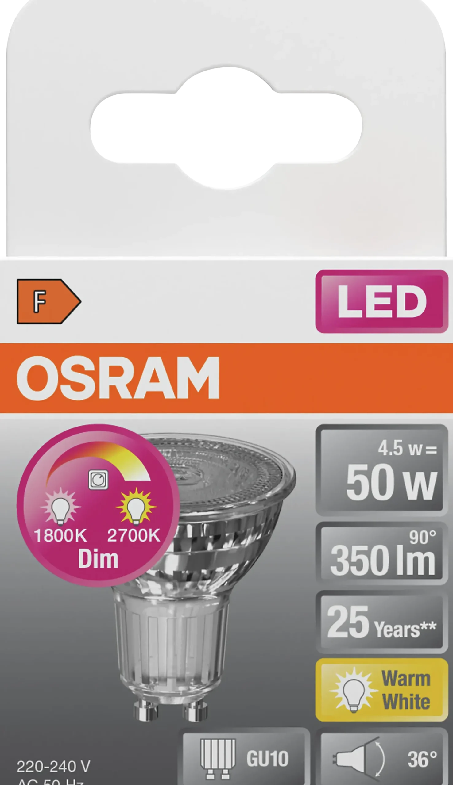 LED lyspære PAR16 50 GU10 glow dim 4,5W 2700K- 1800K 90° 230V-Osram New