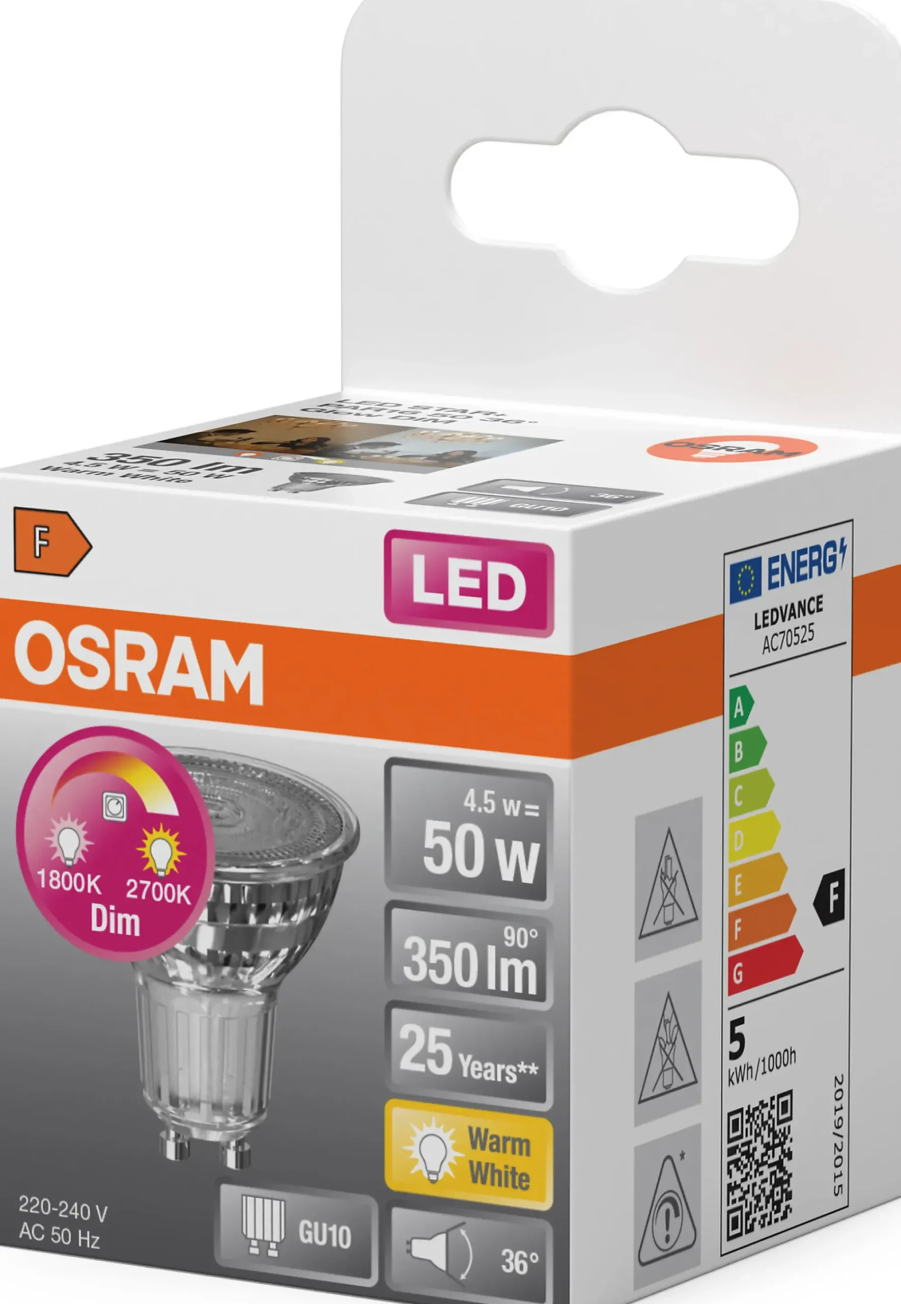LED lyspære PAR16 50 GU10 glow dim 4,5W 2700K- 1800K 90° 230V-Osram New