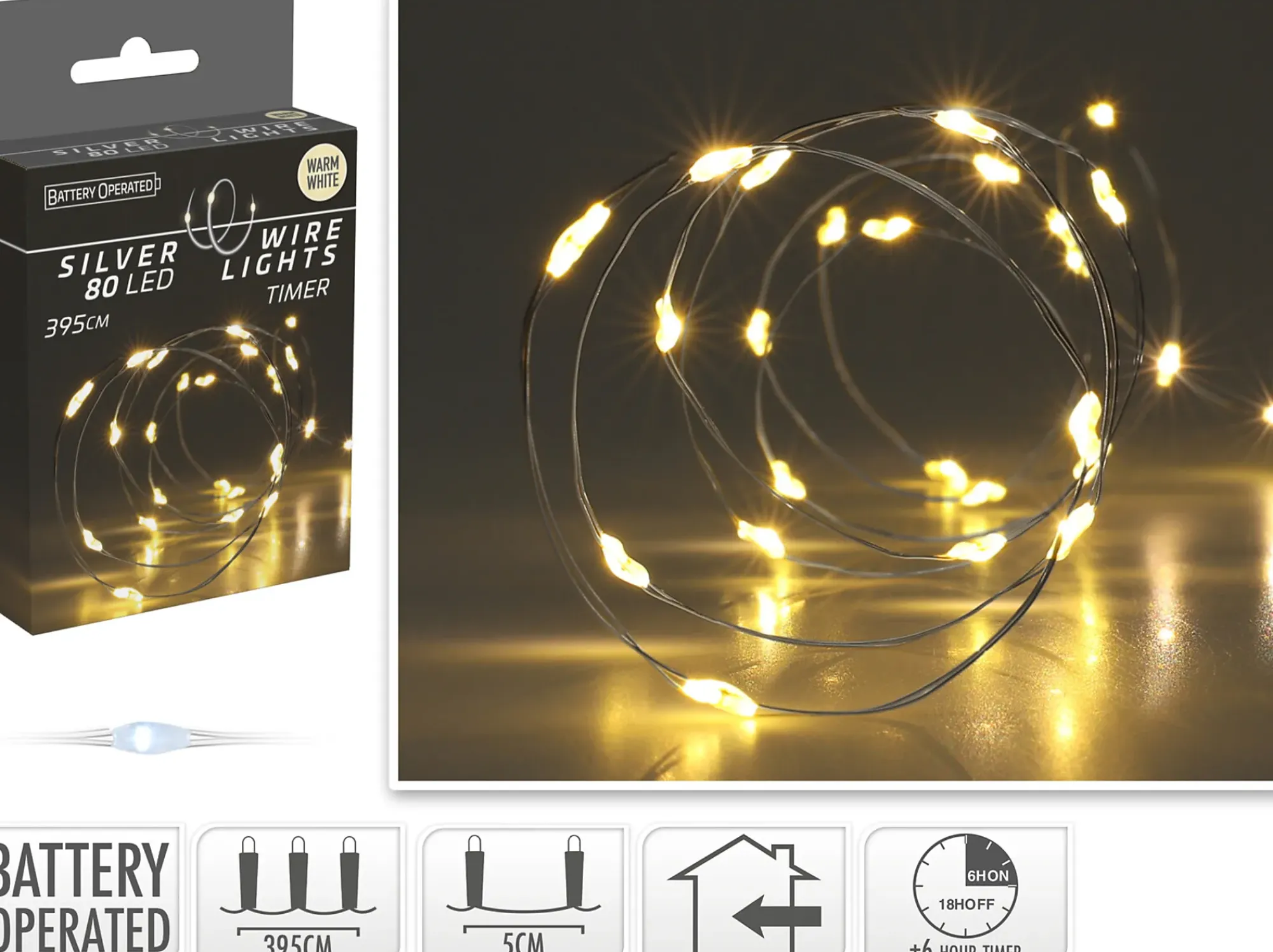Lyslenke Silver Wire 80ledlys varmhvit 3,95m-Ki Sale