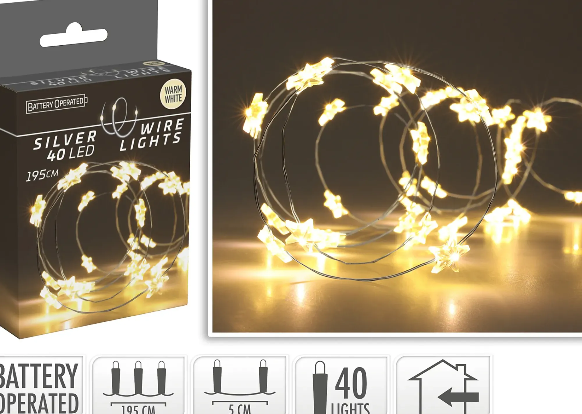 Lyslenke Silver Wire Star 40LED Varmhvit 19,5m-Ki Hot