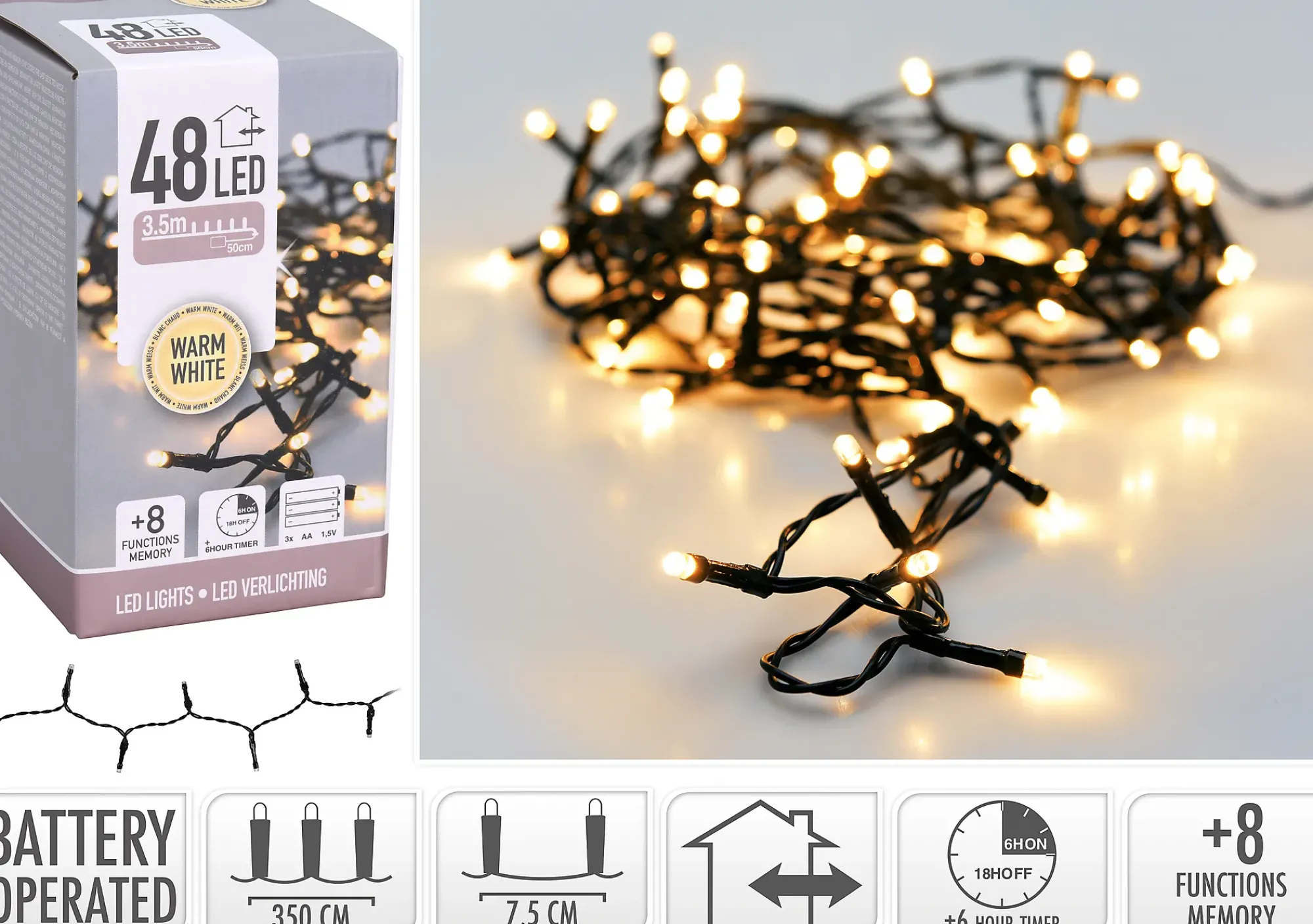 Lysslynge 48ledlys Batteridrevet varmhvit IP44 3,5m-Ki Hot