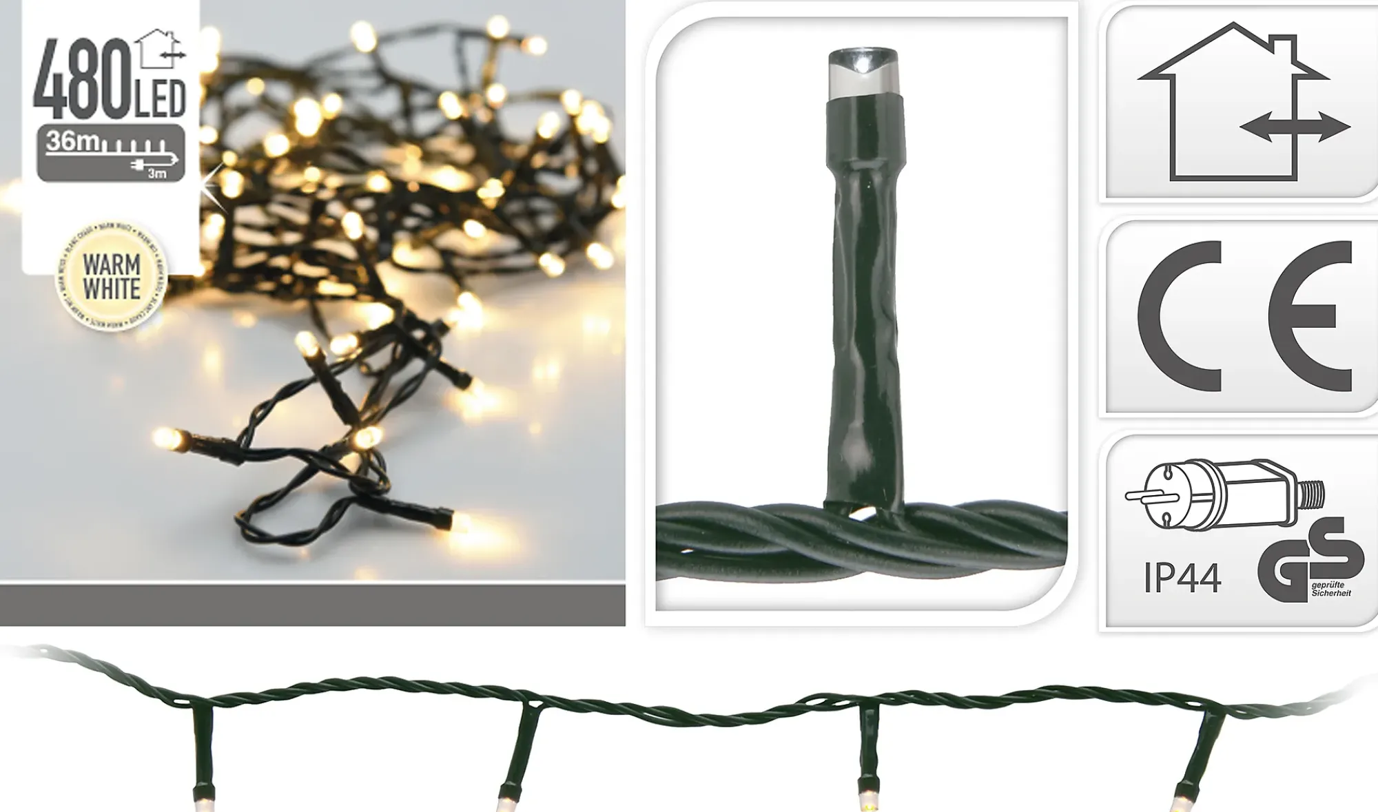 Lysslynge 480ledlys med Adaptor varmhvit IP44 36m-Ki Best