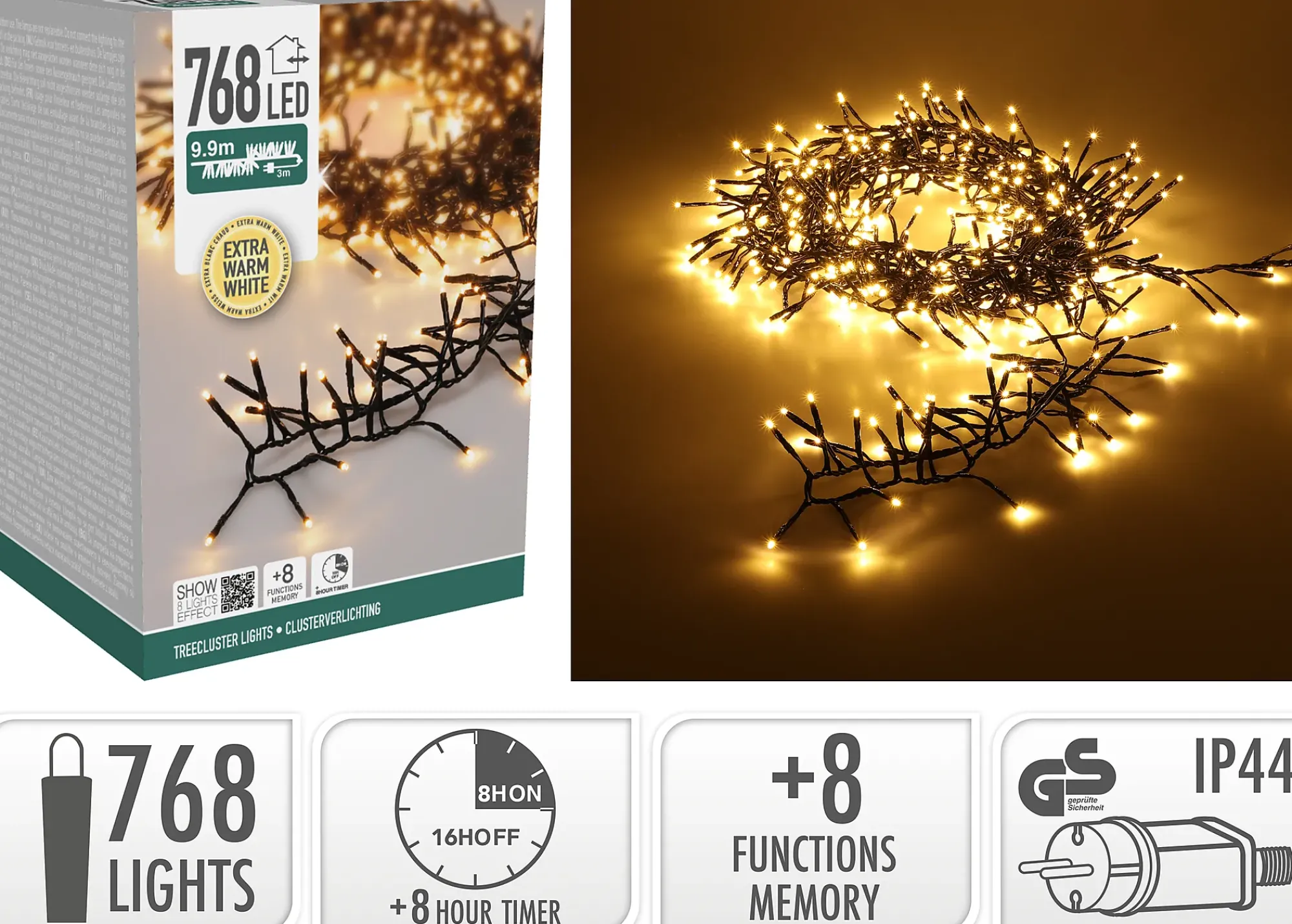 Lysslynge Treecluster 768ledlys ekstra varmhvit 9,9m-Ki Clearance