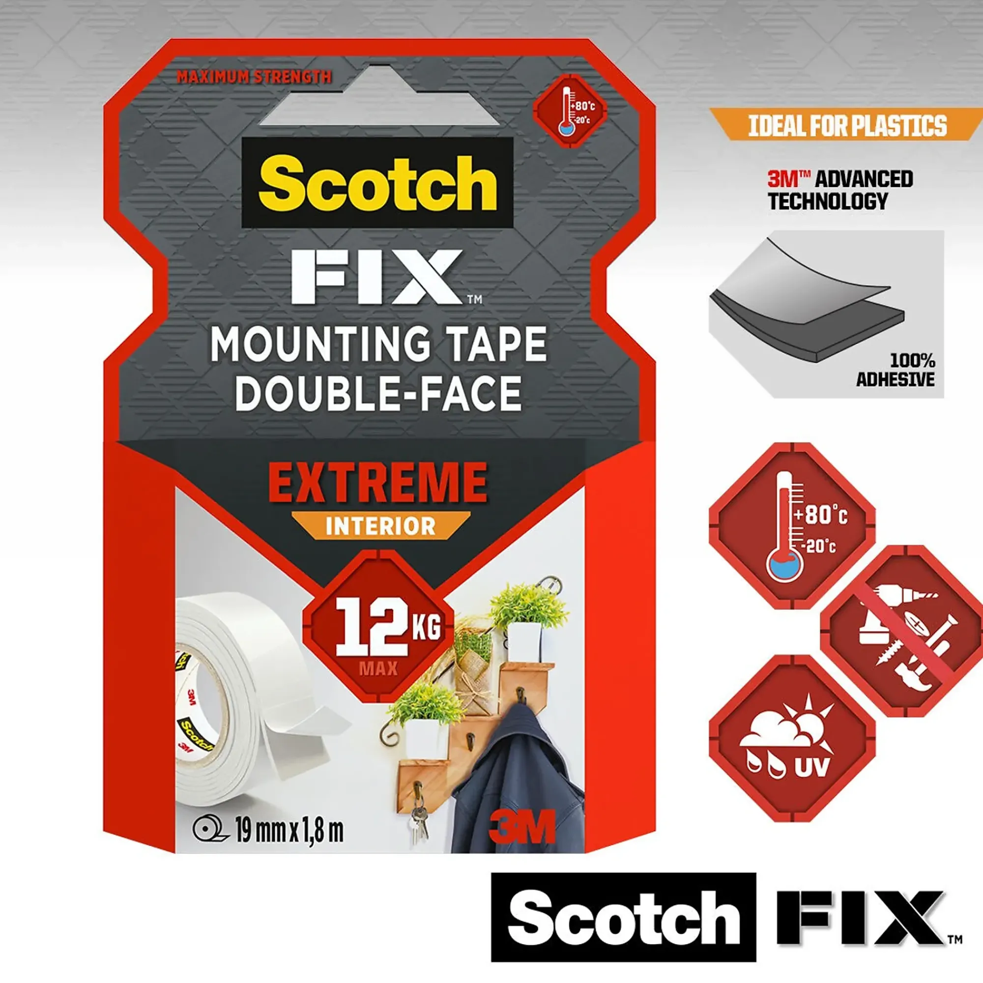 Monteringstape EXTREME 19mmx1,8m innendørs 12kg-Scotch Outlet