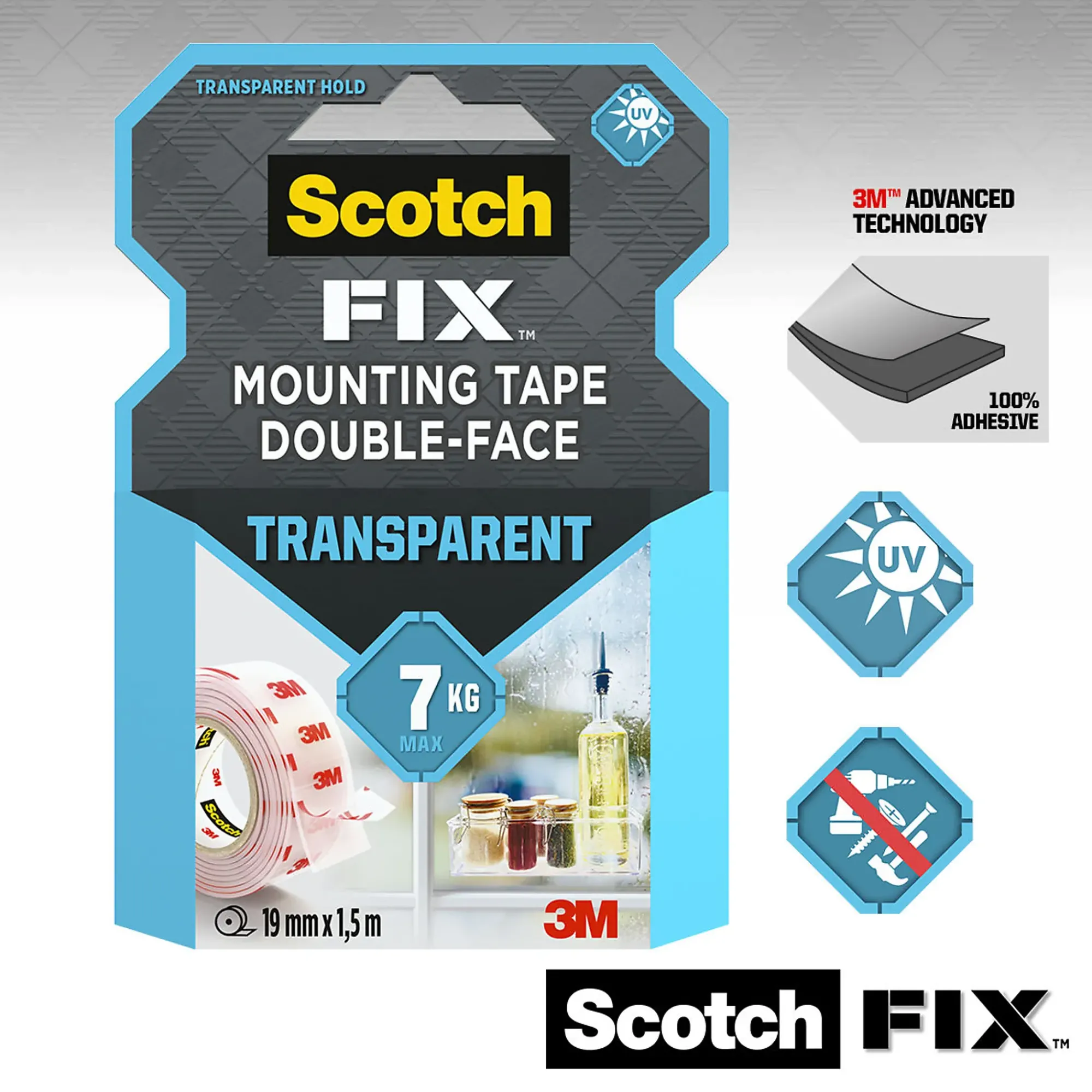 Monteringstape transparent 19mmx1,5m innendørs 7kg-Scotch Best