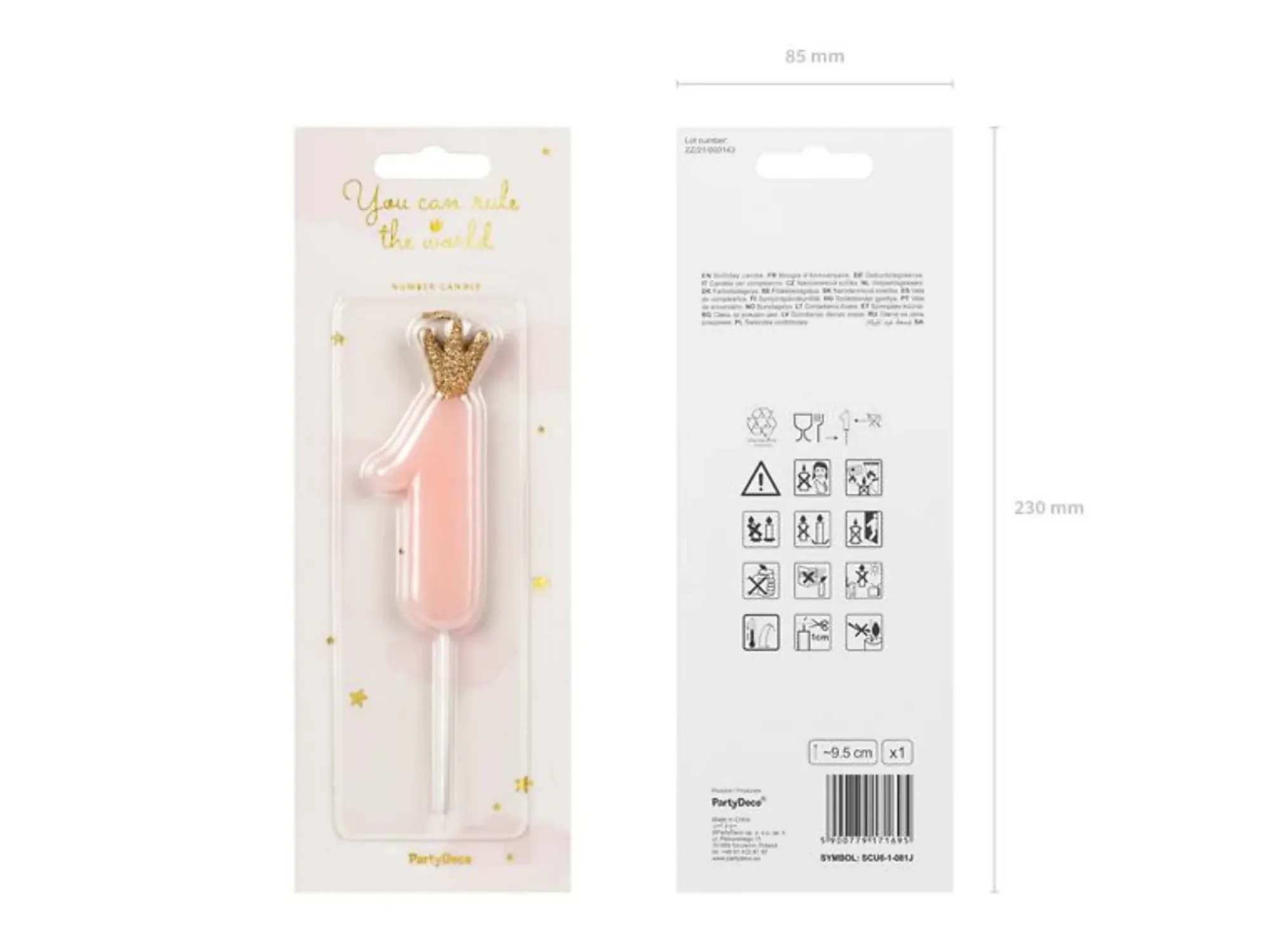 Nummerlys 1 rosa med krone 9,5cm-Partydeco Discount