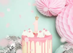 Nummerlys 1 rosa med krone 9,5cm-Partydeco Discount