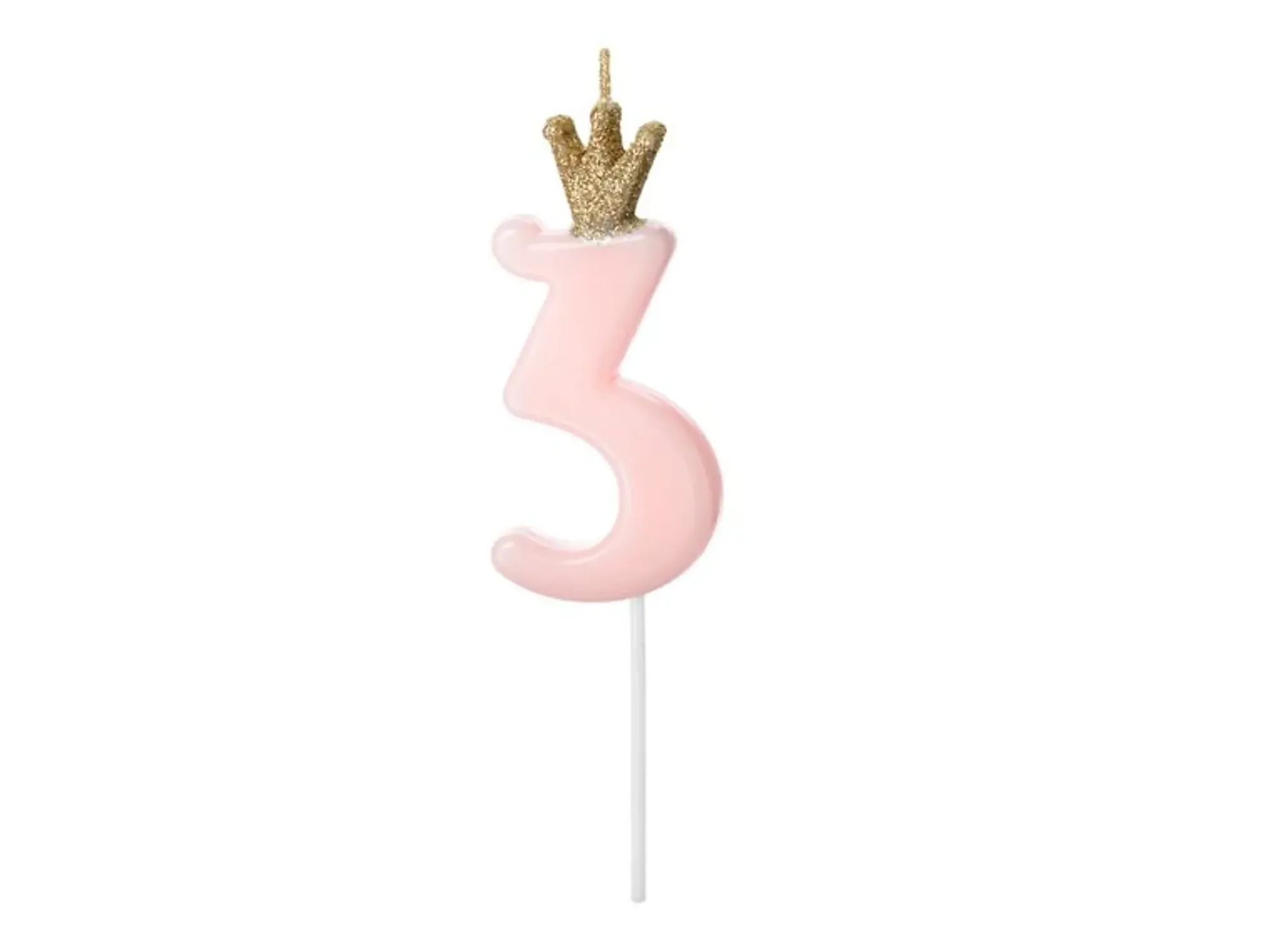 Nummerlys 3 rosa med krone 9,5cm-Partydeco New