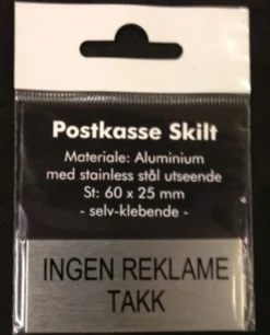 Skilt "Ingen reklame" for postkasse- Clearance