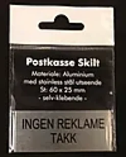 Skilt "Ingen reklame" for postkasse- Clearance