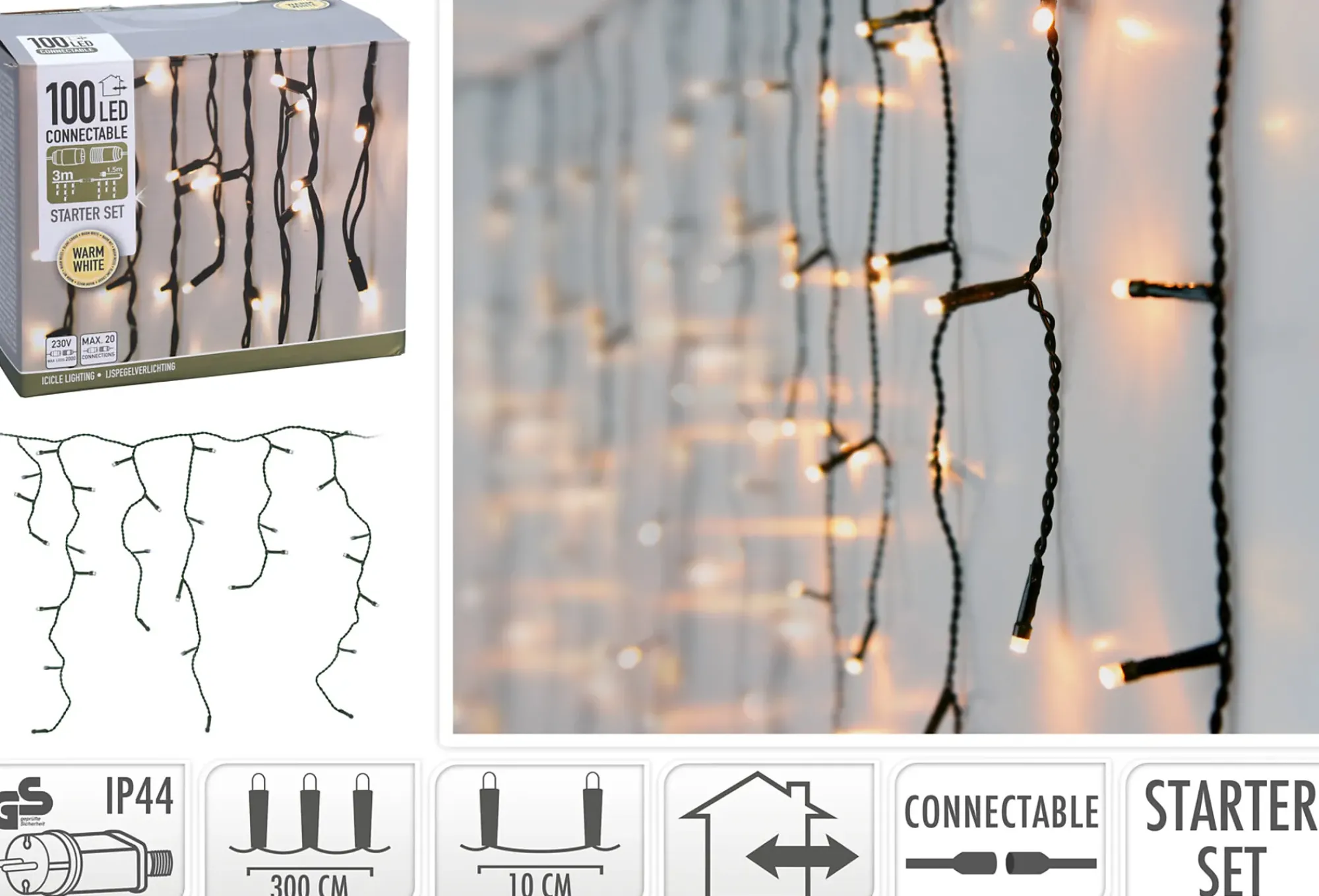 Systemlys Istapper 100ledlys varmhvit komplett startsett IP44 3m-Ki Online