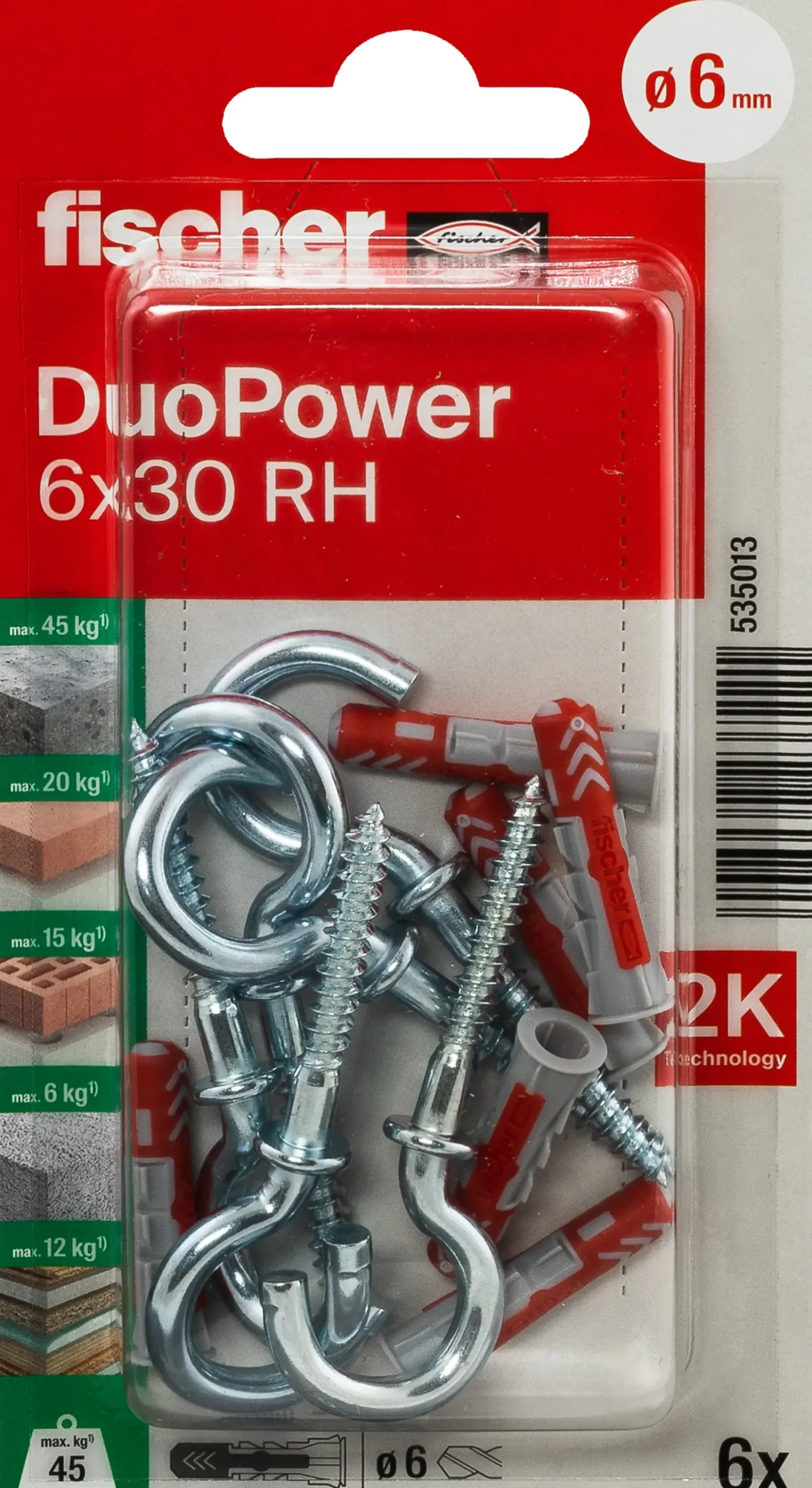 Universalplugg Duopower 6x30 RH BK 6stk med blank krok-Fischer